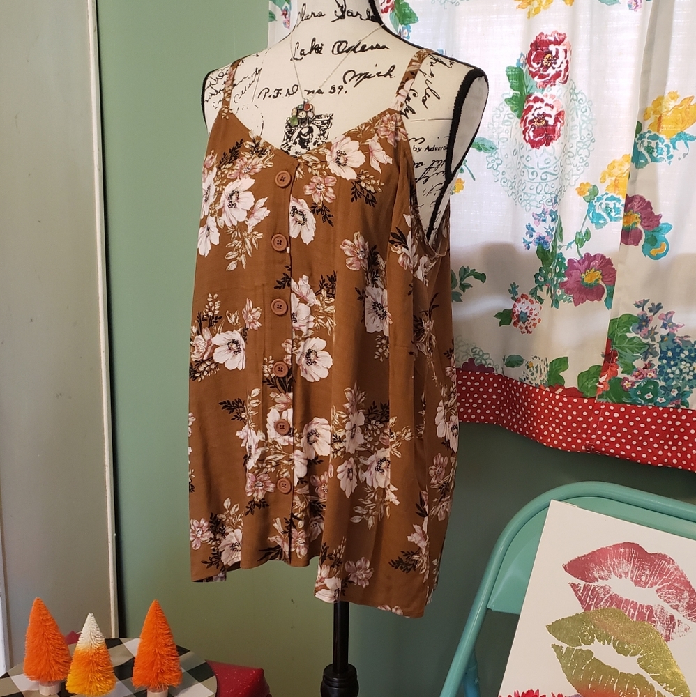 TORRID Brown linen button front floral cami NWT L 12 plus size 0X - Picture 5 of 6